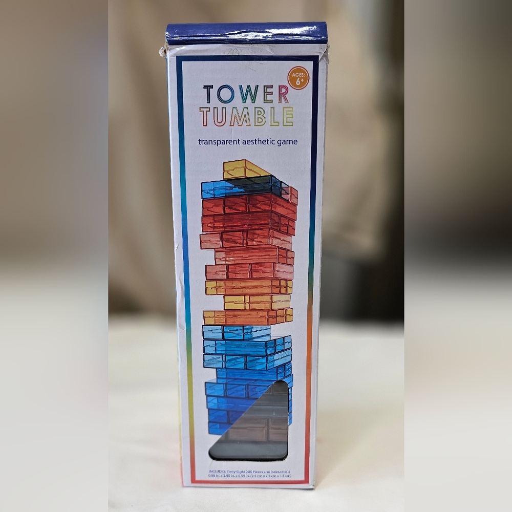Tower Tumble Transparent Aesthetic Stacking Game - 48 Pcs - Colorful Neon Blocks